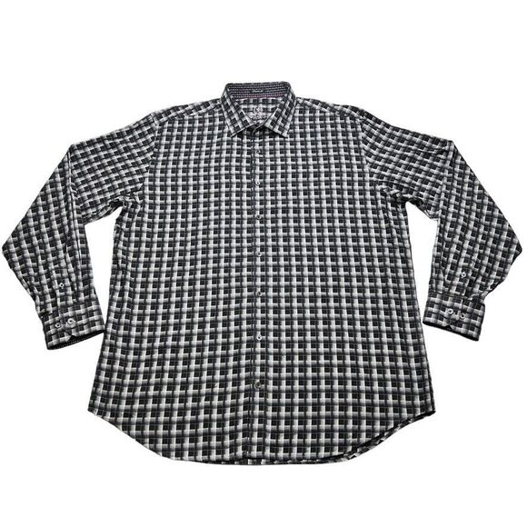 Bugatchi Uomo Shirt Mens Large Black White Check Plaid Shaped Fit‎ Button Up - Picture 1 of 10